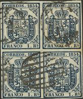 1º Y 2º Centenario. º 34(4) 1854. 1 Real Azul, Bloque De Cuatro (el Sello Inferior Derecho Presenta Un Pequeño Cortecito - Altri & Non Classificati