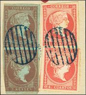 1º Y 2º Centenario. Fragmento 42(2), 48(2) 1855. 2 Reales Violeta Y 4 Cuartos Rojo, Ambos Parejas Verticales, Sobre Frag - Sonstige & Ohne Zuordnung