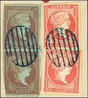 1º Y 2º Centenario. Fragmento 42(2), 48(2) 1855. 2 Reales Violeta Y 4 Cuartos Rojo, Ambos Parejas Verticales, Sobre Frag - Other & Unclassified