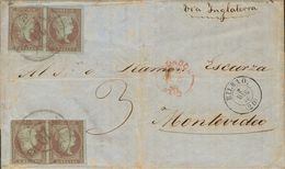 1º Y 2º Centenario. Sobre 42(4) 1858. 2 Reales Lila, Dos Parejas. BILBAO A MONTEVIDEO (URUGUAY), Circulada Por El Correo - Altri & Non Classificati