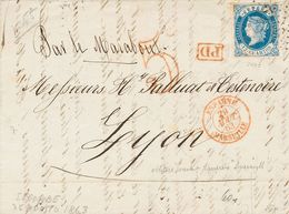 1º Y 2º Centenario. Sobre 59 1863. 12 Cuartos Azul. SEGORBE A LYON (FRANCIA) (carta Transportada Privadamente Hasta Barc - Altri & Non Classificati