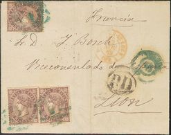 1º Y 2º Centenario. Sobre 98(3) 1869. 50 Mils Violeta, Tres Sellos. VALENCIA A LYON (FRANCIA). MAGNIFICA E INUSUAL COMBI - Otros & Sin Clasificación