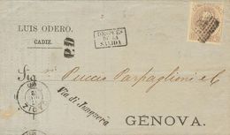 1º Y 2º Centenario. Sobre 120 1872. 10 Cts Violeta. CADIZ A GENOVA (ITALIA). En El Frente Marca DESPUES / DE LA / SALIDA - Other & Unclassified