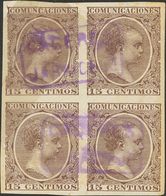 1º Y 2º Centenario. º 219s(4) 1889. 15 Cts Castaño SIN DENTAR, Bloque De Cuatro (un Sello Reparado). Matasello Cartería  - Otros & Sin Clasificación