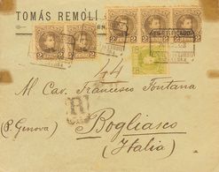 1º Y 2º Centenario. Sobre 250, 241(5) 1903. 2 Cts Sepia, Cinco Sellos Y 40 Cts Oliva. BARCELONA A ITALIA. Al Dorso Llega - Otros & Sin Clasificación