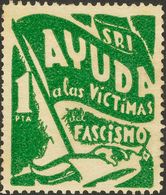 Guerra Civil. Viñetas Políticas. * 1937. 1 Pts Verde. S.R.I. AYUDA A LAS VICTIMAS DEL FASCISMO. MAGNIFICA. (Guillamón 15 - Sonstige & Ohne Zuordnung