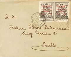 Emisiones Locales Patrióticas. Burgos. Sobre 18A(2) 1936. 1'50 Pts Sobre 15 Cts Gris Negro, Pareja. LAS PALMAS A SEVILLA - Emissioni Nazionaliste