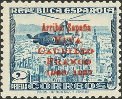 Emisiones Locales Patrióticas. Santander. * 15hcc 1937. 2 Pts Azul. Variedad CAMBIO DE COLOR EN LA SOBRECARGA, En Rojo.  - Emisiones Nacionalistas