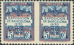 Ayuntamiento De Barcelona. * 7sph 1930. 5 Cts Azul Y Rosa, Pareja. Variedad SIN DENTAR ENTRE LOS SELLOS. MAGNIFICA. 2017 - Otros & Sin Clasificación