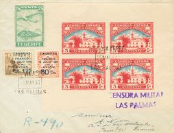 Canarias. Sobre 12, 13 1937. 80 Cts Sobre 2 Cts Y 1'25 Pts Sobre 5 Cts. Correo Aéreo De LAS PALMAS A PARIS (FRANCIA). Al - Autres & Non Classés