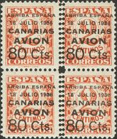 Canarias. * 21(4) 1937. 80 Cts Sobre 2 Cts Castaño Rojo, Bloque De Cuatro. Variedad DENTADO VERTICAL DOBLE. MAGNIFICO Y  - Altri & Non Classificati