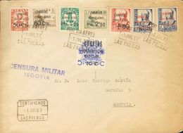 Canarias. Sobre 23/30 1937. Serie Completa (a Falta Del 80 Cts Sobre 2 Cts). Certificado De LAS PALMAS A SEGOVIA. Al Dor - Altri & Non Classificati