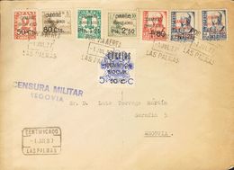 Canarias. Sobre 23/30 1937. Serie Completa (a Falta Del 80 Cts Sobre 2 Cts). Certificado De LAS PALMAS A SEGOVIA. Al Dor - Autres & Non Classés