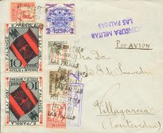 Canarias. Sobre 33, 34, 35 1937. Diversos Valores Y Sello 10 Cts De FALANGE, Pareja. Correo Aéreo De LAS PALMAS A PONTEV - Otros & Sin Clasificación