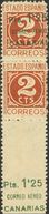 Canarias. * 36hpv 1937. 1'25 Pts Sobre 2 Cts Castaño (conservación Habitual), Pareja Vertical, El Sello Inferior Varieda - Sonstige & Ohne Zuordnung