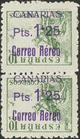 Canarias. **/* 39hi(2) 1938. 1'25 Pts Sobre 10 Cts Verde, Pareja Vertical. Variedad SOBRECARGA INVERTIDA. MAGNIFICA. - Altri & Non Classificati