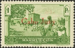 Cabo Juby. * 56hcc 1934. 1 Pts Verde. Variedad CAMBIO DE COLOR EN LA SOBRECARGA, En Rojo. MAGNIFICO Y MUY RARO. 2012 350 - Cabo Juby