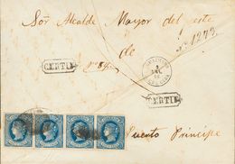 Cuba. Sobre 14(4) 1866. 10 Cts Azul, Tira De Cuatro. Certificado De GUAIMARO (CUBA) A PUERTO PRINCIPE (CUBA). En El Fren - Kuba (1874-1898)