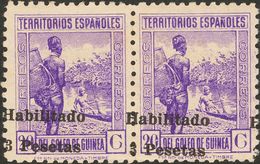 Guinea. ** 267(2) 1942. 3 Pts Sobre 20 Cts Lila, Pareja. Variedad SOBRECARGA DESPLAZADA. MAGNIFICA Y RARA, NO RESEÑADA. - Spanish Guinea