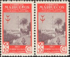 Marruecos. ** 274it 1946. 90 Cts + 10 Cts Carmín Y Gris, Pareja. Un Sello Variedad MANCHA EN LA "C" DE MARRUECOS. MAGNIF - Marruecos Español