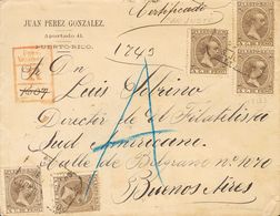 Puerto Rico. Sobre 123(5) 1896. 4 Ctvos Castaño, Cinco Sellos. Certificado De SAN JUAN A BUENOS AIRES (ARGENTINA). Al Do - Porto Rico