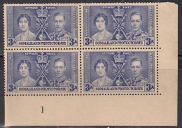 Control No 1 On Tab Block Of 4, Somaliland, Coronation 1937 MNH (Gum Washed), As Scan - Somaliland (Protettorato ...-1959)