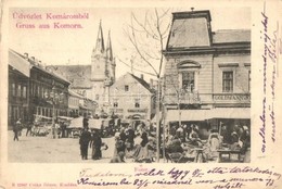 T3 Komárom, Komárno; F? Tér, Goldmann, Steiner Miksa üzlete, Takarékpénztár, Piaci árusok. Czike Dénes Kiadása / Main Sq - Non Classificati