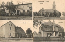 T2 1914 Bojszowy, Boischow; Kirche, Schule, Pfarrhaus, C. Schyma's Warenhandlung / Church, School, Rectory, Shop + Bezen - Non Classificati