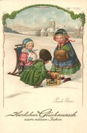T2/T3 Herzlichen Glückwunsch Zum Neuen Jahre / New Year Greeting Art Postcard, Children In The Snow With Little Dog. AR. - Non Classificati