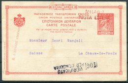 1916 Greece Stationery Postcard Athens - Le Chaux De Fonds, Switzerland. Censor Milano Italy - Lettres & Documents