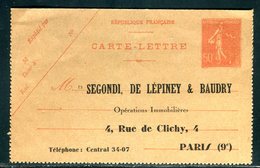 France - Entier Postal Carte Lettre , Repiquage Société Immobilière De Paris - Ref J34 - Letter Cards