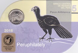 PERU 2018 , FAUNA BIRD PAVA ALIBLANCA , COIN ON CARD , MINT - Perú