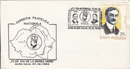 KING FERDINAND, IULIU MANIU, I.C. BRATIANU, GREAT UNION FOUNDERS, SPECIAL COVER, 1993, ROMANIA - Covers & Documents