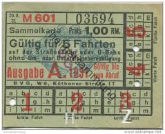 Deutschland - Berlin - Berlin - BVG Fahrkarte - Sammelkarte 1931 - Gültig Für 5 Fahrten Auf Der Strassenbahn Oder U-Bahn - Europa