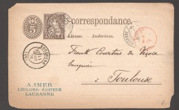 1876  Carte Postale Pour La France  No Michel P10,  Helvetia Assise 5 Rp MiNr 22f Ajouté - Entiers Postaux