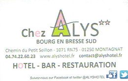 Carte De Visite De L'Hôtel Chez Alys, Bourg En Bresse Sud (vers 2015) - Visitenkarten