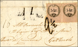 149 1863 - 5 Kr., Marca Per Lettera Di Accompagnamento Di Pacchi Postali (5), Coppia, Applicata A Cavall... - Lombardije-Venetië