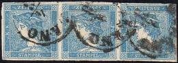 156 1855 - 3 Cent. Mercurio Azzurro, III Tipo (3), Striscia Di Tre, Un Esemplare Con Piccolo Punto Di As... - Lombardije-Venetië