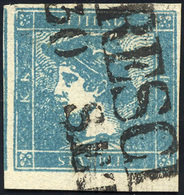 158 1851 - 3 Cent. Mercurio Azzurro, I Tipo, Carta A Coste Verticali (6), Perfetto, Usato A Brescia. E.D... - Lombardo-Vénétie