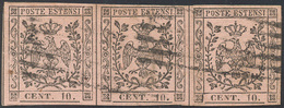 243 1854 - 10 Cent. Rosa, II Emissione (9), Striscia Orizzontale Di Tre, Usata, Perfetta. Non Comune. A.... - Modena