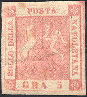 303 1858 - 5 Grana Rosa Brunastro, I Tavola (8), Nuovo, Gomma Originale, Lievi Ossidazioni, Ben Marginat... - Naples