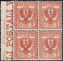 1029 1901 - 2 Cent. Floreale, Doppia Stampa (69a), Blocco Di Quattro, Bordo Di Foglio, Gomma Originale, I... - Other & Unclassified