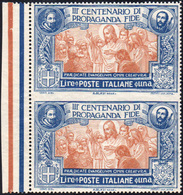 1104 1923 - 1 Lira Propanda Fide, Coppia Verticale Non Dentellata Al Centro (134h), Bordo Di Foglio, Gomm... - Other & Unclassified