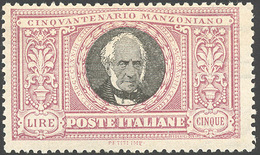 1124 1923 - 5 Lire Manzoni (156), Filigrana Corona Capovolta E Filigrana Lettere 9/10, Perfetto, Gomma Or... - Other & Unclassified