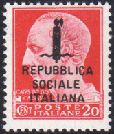 1412 1944 - 20 Cent. Carminio Soprastampato (495/A), Gomma Integra, Perfetto. A.Diena, Cert. Raybaudi.... - Altri & Non Classificati