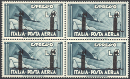 1445 POSTA AEREA 1944 - 2 Lire Ardesia, Soprastampa Ripetuta Due Volte (P16), Blocco Di Quattro, Gomma Or... - Otros & Sin Clasificación