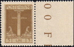 1577 FIUME 1923 - 3 Lire Bistro Bruno, Colore Diverso (200A), Bordo Di Foglio, Gomma Integra, Perfetto. B... - Altri & Non Classificati