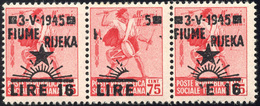 1615 FIUME 1945 - 16 Lire Su 75 Cent., Striscia Di Tre, Un Esemplare Senza "3-V-19", La Stella E Senza "1... - Andere & Zonder Classificatie