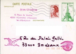 Entier Postal De 1982 Sur CP Avec Timbre "1,60 TOUR EIFFEL" Et Repiquage Privé - Overprinter Postcards (before 1995)