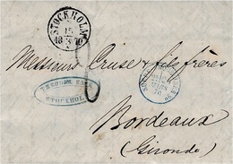 1870- Lettre De STOCKHOLM ( Suède ) Taxe Tampon 8 D -entrée SUEDE - ERQUELINES  2 ° Bleu Pour Bordeaux - 1849-1876: Classic Period